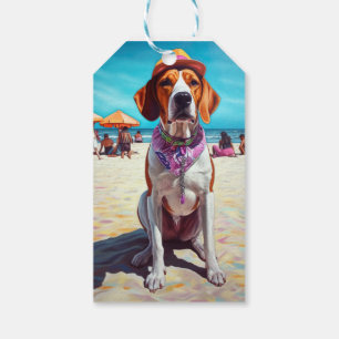 American English Foxhound on Beach, summer gift Tags