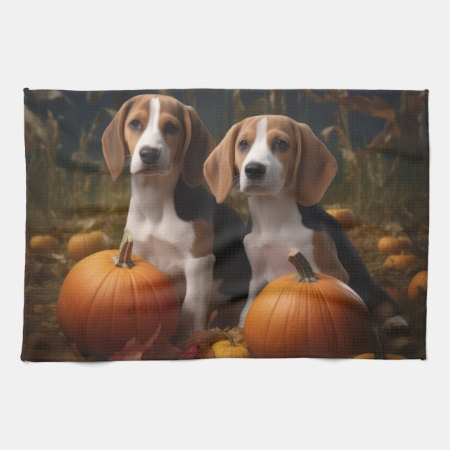 American English Foxhound Puppy Autumn Delight Tea Towel (Horizontal)