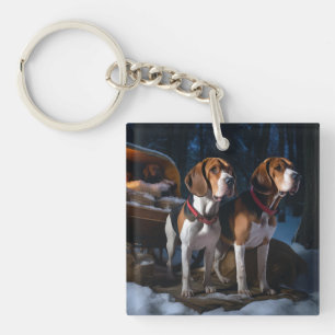 American English Foxhound Snowy Sleigh Christmas Key Ring