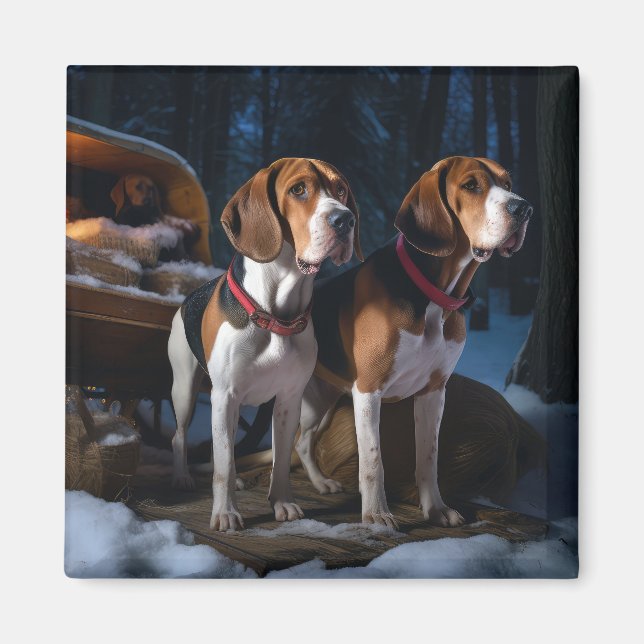 American English Foxhound Snowy Sleigh Christmas Magnet (Front)