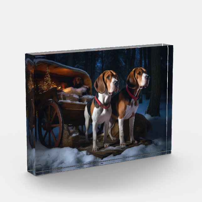 American English Foxhound Snowy Sleigh Christmas Photo Block (Left)