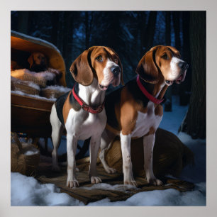 American English Foxhound Snowy Sleigh Christmas Poster