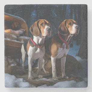 American English Foxhound Snowy Sleigh Christmas Stone Coaster