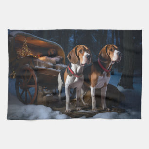 American English Foxhound Snowy Sleigh Christmas Tea Towel