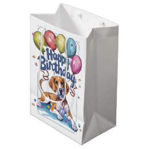 American English Foxhound with Balloons Birthday Medium Gift Bag