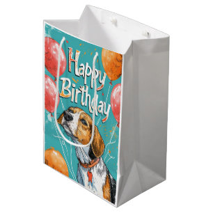 American English Foxhound with Balloons Birthday Medium Gift Bag