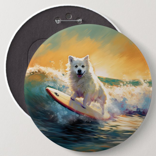 American Eskimo Beach Surfing Painting  6 Cm Round Badge (Front & Back)