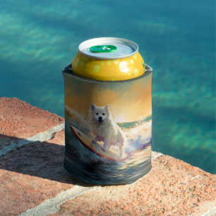 American Eskimo Beach Surfing Painting  Can Cooler