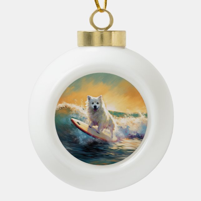 American Eskimo Beach Surfing Painting  Ceramic Ball Christmas Ornament (Front)