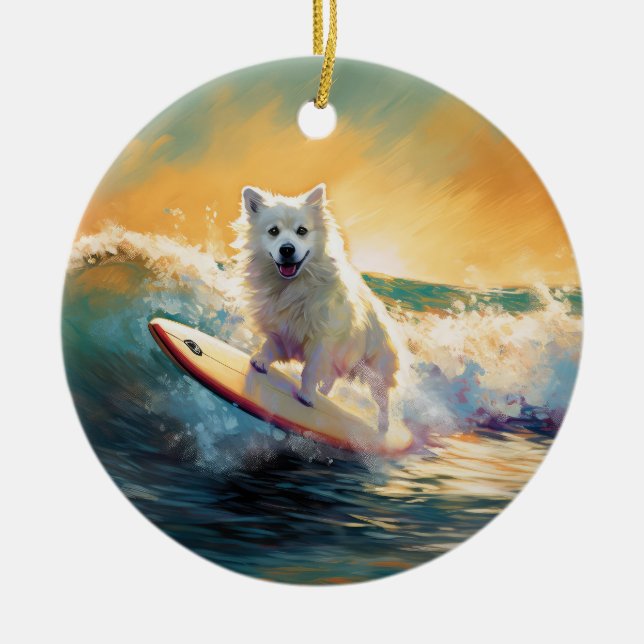American Eskimo Beach Surfing Painting  Ceramic Tree Decoration (Front)