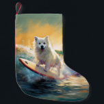 American Eskimo Beach Surfing Painting  Small Christmas Stocking<br><div class="desc">Immerse yourself in the playful world of canine adventure with this captivating painting. A spirited dog takes to the waves, skilfully riding the surf on a sun-kissed beach. The vibrant artwork beautifully captures the essence of beachside excitement as the dog fearlessly rides the waves, embodying the spirit of fun and...</div>