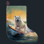 American Eskimo Beach Surfing Painting  Small Christmas Stocking<br><div class="desc">Immerse yourself in the playful world of canine adventure with this captivating painting. A spirited dog takes to the waves, skilfully riding the surf on a sun-kissed beach. The vibrant artwork beautifully captures the essence of beachside excitement as the dog fearlessly rides the waves, embodying the spirit of fun and...</div>