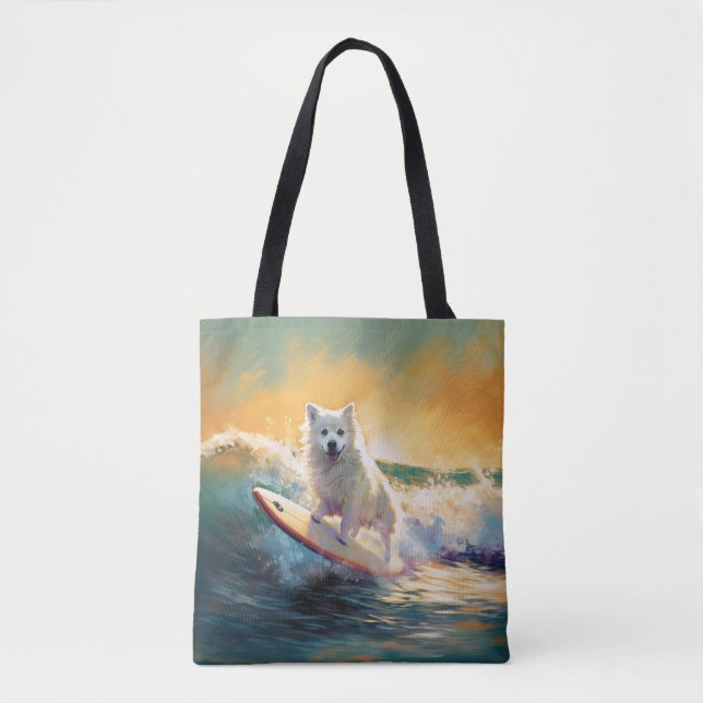 American Eskimo Beach Surfing Painting  Tote Bag (Front)