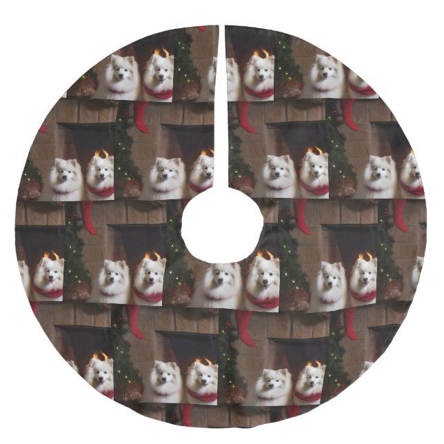 American Eskimo by the Fireplace Christmas Brushed Polyester Tree Skirt (Front)