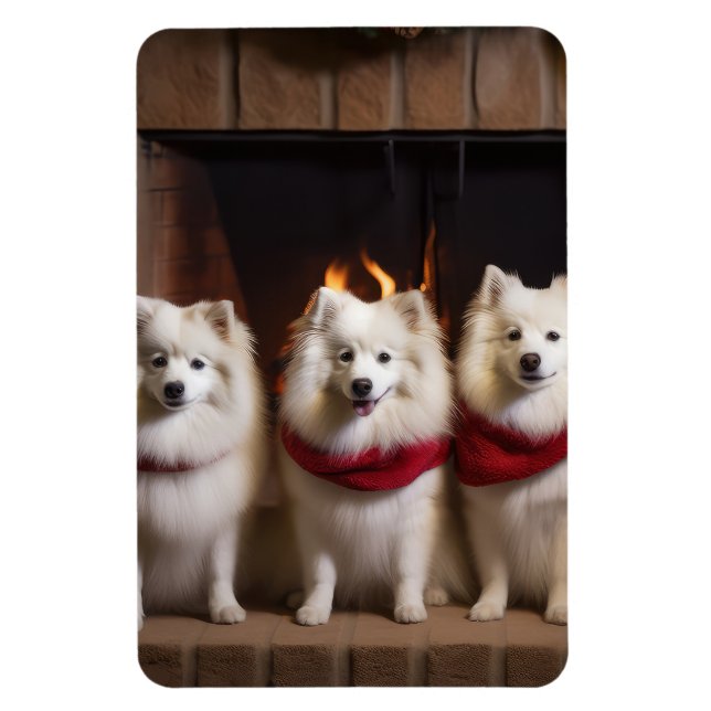 American Eskimo by the Fireplace Christmas Magnet (Vertical)