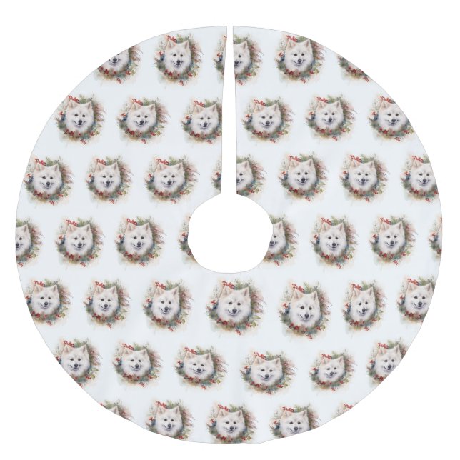 American Eskimo Christmas Wreath Festive Pup Brushed Polyester Tree Skirt (Front)