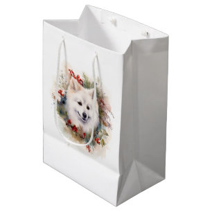 American Eskimo Christmas Wreath Festive Pup Medium Gift Bag