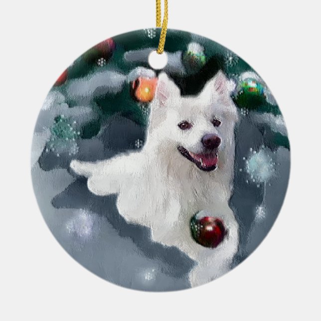 American Eskimo Dog Christmas Ceramic Tree Decoration (Front)
