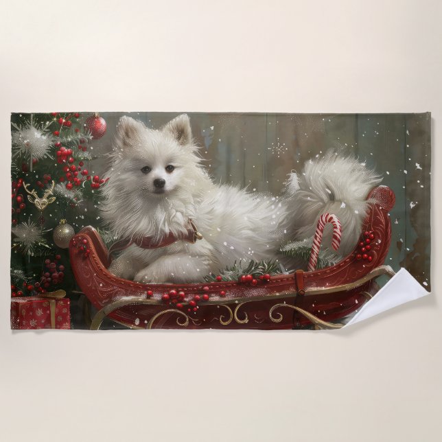 American Eskimo Dog Christmas Festive  Beach Towel (Front)