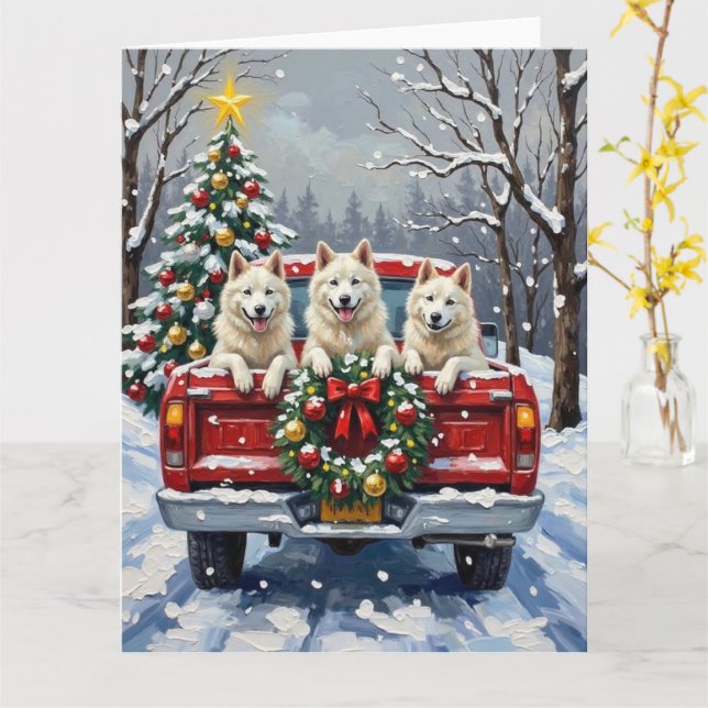 American Eskimo Dog Christmas Red Truck Holiday Card (Yellow Flower)
