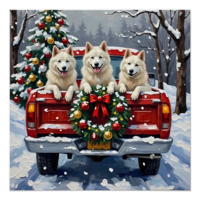 American Eskimo Dog Christmas Red Truck Holiday Poster (Front)