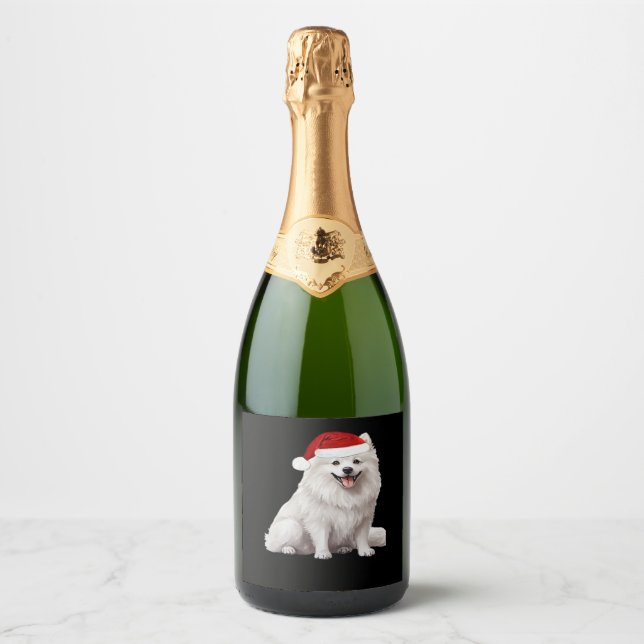 American Eskimo Dog Christmas Tree Dog Puppy Water Sparkling Wine Label (Front)