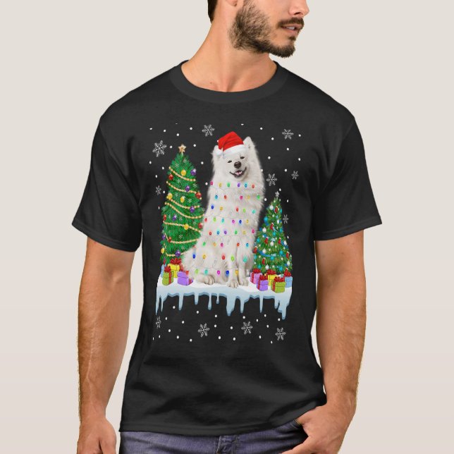 American Eskimo Dog Christmas Tree Lights Puppy T-Shirt (Front)