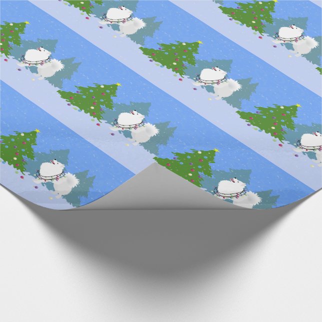 American Eskimo Dog Decorating Christmas Tree Wrapping Paper (Corner)