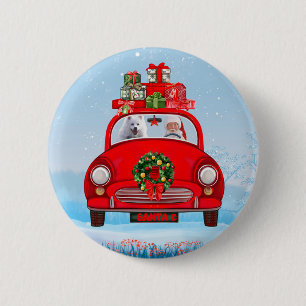 American Eskimo Dog In Car With Santa Clause  6 Cm Round Badge