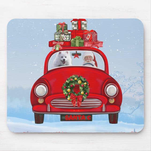 American Eskimo Dog In Car With Santa Clause  Mouse Pad (Front)