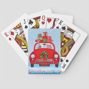 American Eskimo Dog In Car With Santa Clause Playing Cards