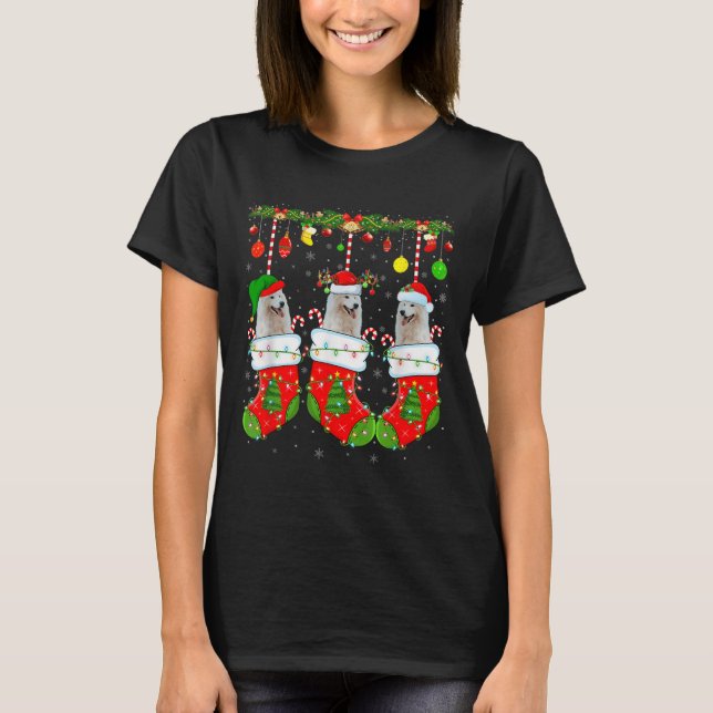 American Eskimo Dog In Christmas Socks Funny Dog L T-Shirt (Front)