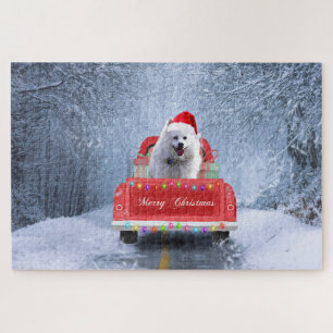 American Eskimo Dog in Snow sitting in Christmas  Jigsaw Puzzle