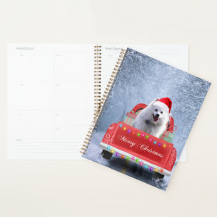 American Eskimo Dog in Snow sitting in Christmas  Planner