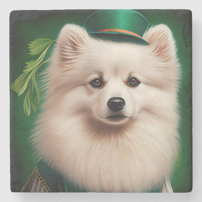 American Eskimo dog in St. Patrick's Day Dress Stone Coaster (Front)