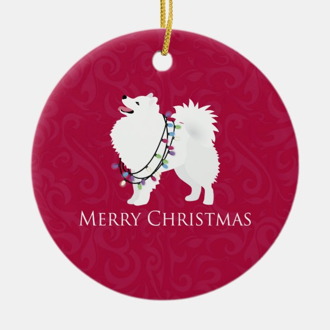 American Eskimo Dog Merry Christmas Design Ceramic Tree Decoration (Front)
