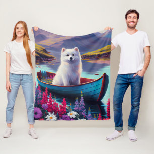 American Eskimo Dog on Paddle: A Scenic Adventure Fleece Blanket