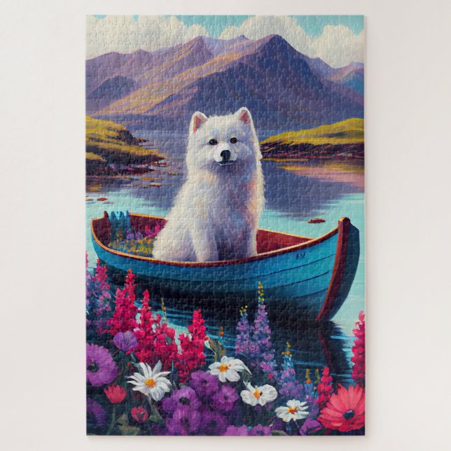 American Eskimo Dog on Paddle: A Scenic Adventure Jigsaw Puzzle (Vertical)