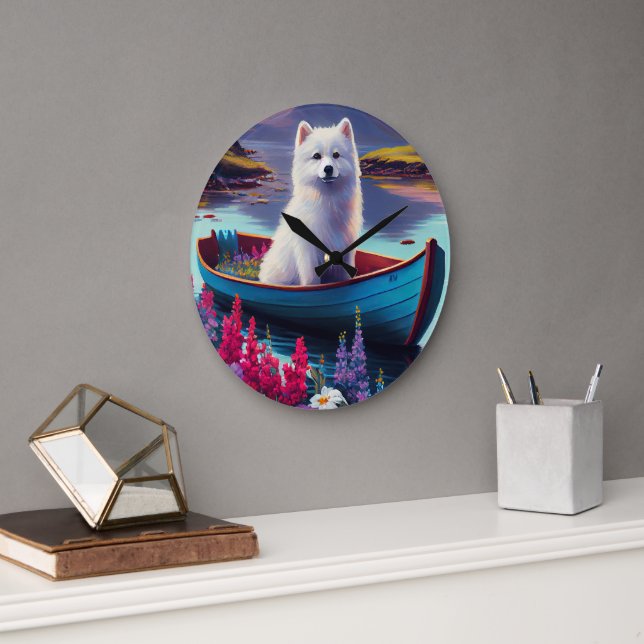 American Eskimo Dog on Paddle: A Scenic Adventure Large Clock (Office)