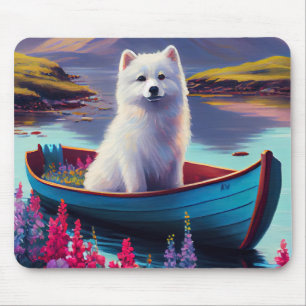 American Eskimo Dog on Paddle: A Scenic Adventure Mouse Pad