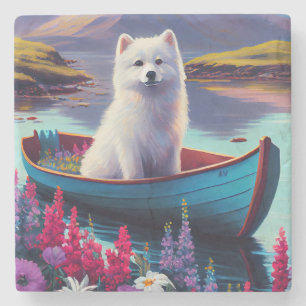 American Eskimo Dog on Paddle: A Scenic Adventure Stone Coaster