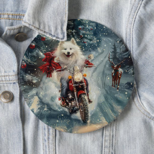 American Eskimo Dog Riding Motorcycle Christmas  6 Cm Round Badge