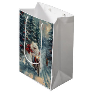American Eskimo Dog Riding Motorcycle Christmas  Medium Gift Bag
