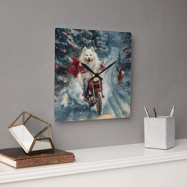 American Eskimo Dog Riding Motorcycle Christmas  Square Wall Clock (Office)