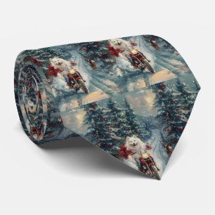 American Eskimo Dog Riding Motorcycle Christmas  Tie