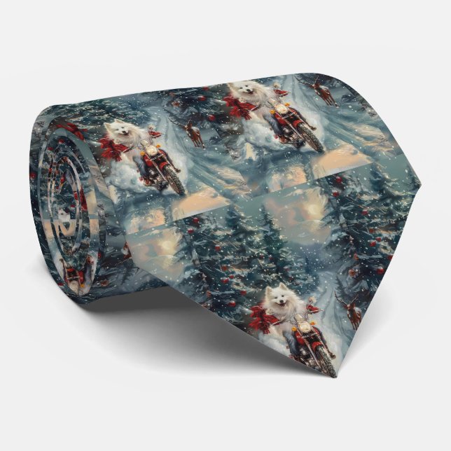 American Eskimo Dog Riding Motorcycle Christmas  Tie (Rolled)