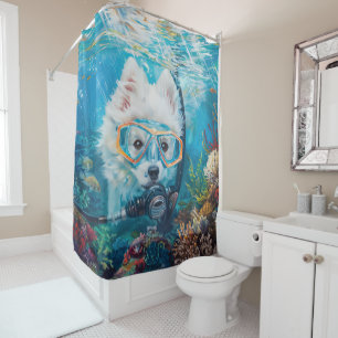 American Eskimo Dog Scuba Diving Underwater Shower Curtain