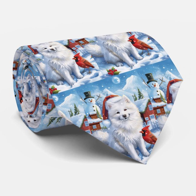 American Eskimo Dog Winter Wonderland Christmas  Tie (Rolled)