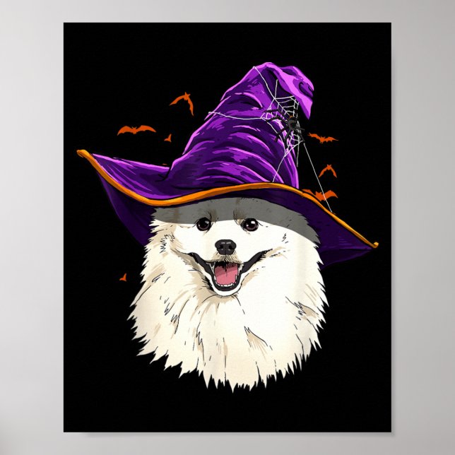 American Eskimo Dog Witch Hat Funny Halloween Dog Poster (Front)