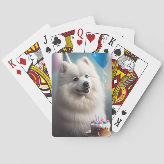 American eskimo dog with balloons birthday playing cards (Back)